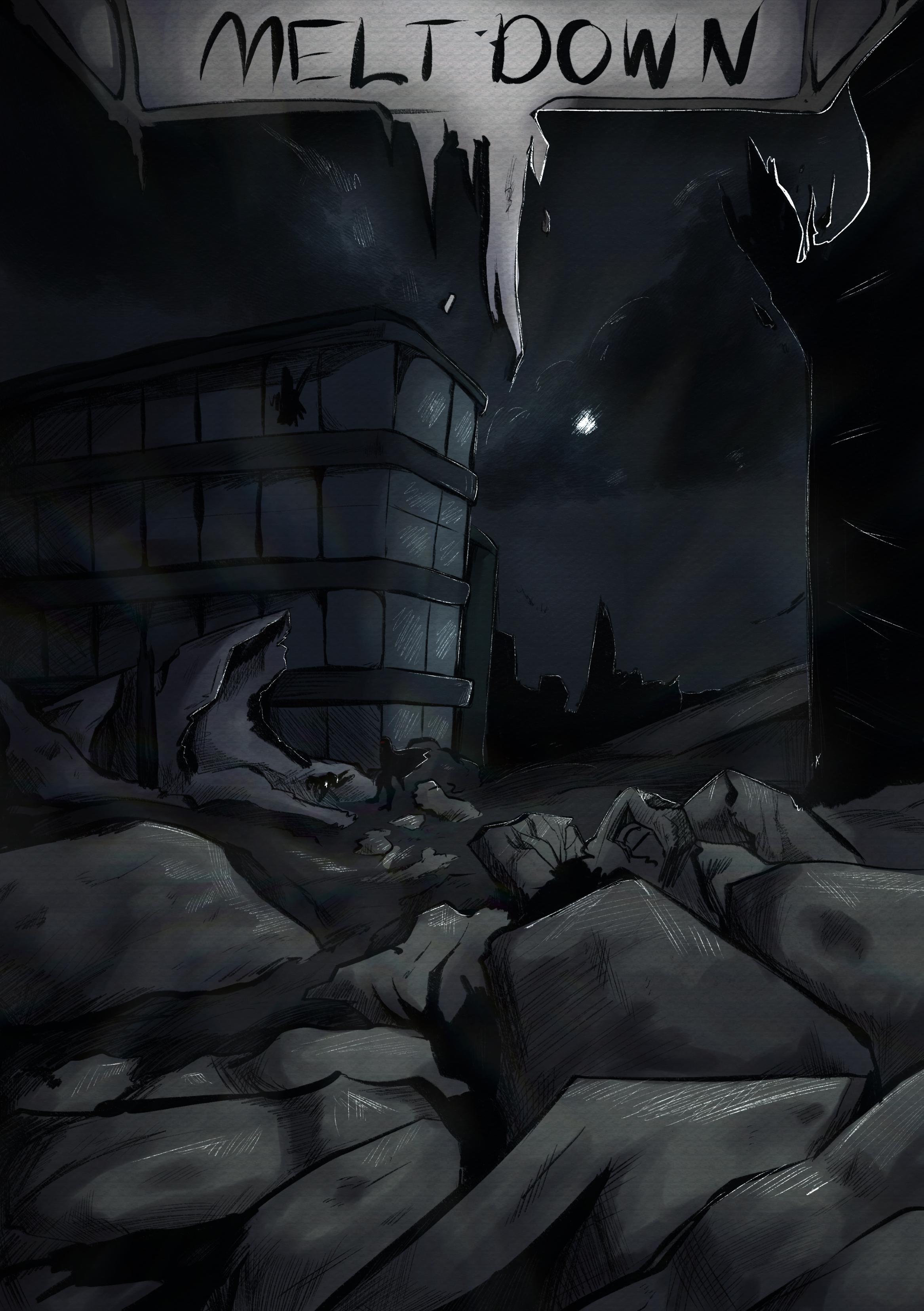 A dark, grungy piece, with mostly desaturated blues comprising the color palette. Rubble lines the foreground, and, in the midground, two tiny figures are barely distinguishable. One is attempting to
                crawl away from the other, of whom is looking down at them. Through inference, one can deem that the figure crawling away is False, and the figure standing above her is Grimdog. In the background is a building with a broken
                window and a few other buildings, all to create a shattered cityscape. The moon shines through some clouds, outlining the various elements of the image in rim lighting. At the top of the image is a logo for Meltdown, in
                complete grayscale, in a rough brush. The middle of the logo is dripping down.