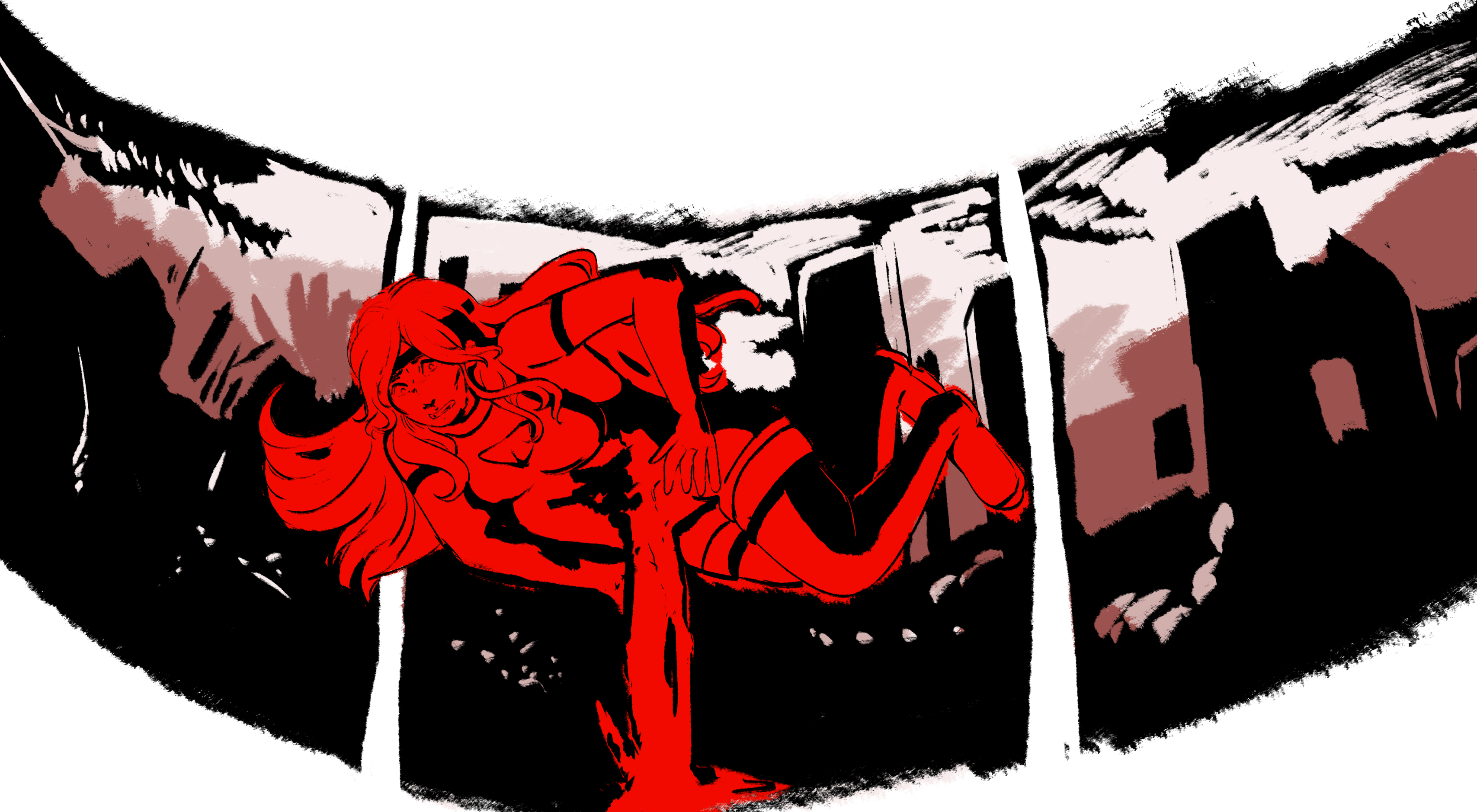 A monochrome red piece, with three segments of cityscape framing False, of whom is flying through the air. She's colored in a bright, vicious red, and is clutching at an energy beam hitting her in the stomach.