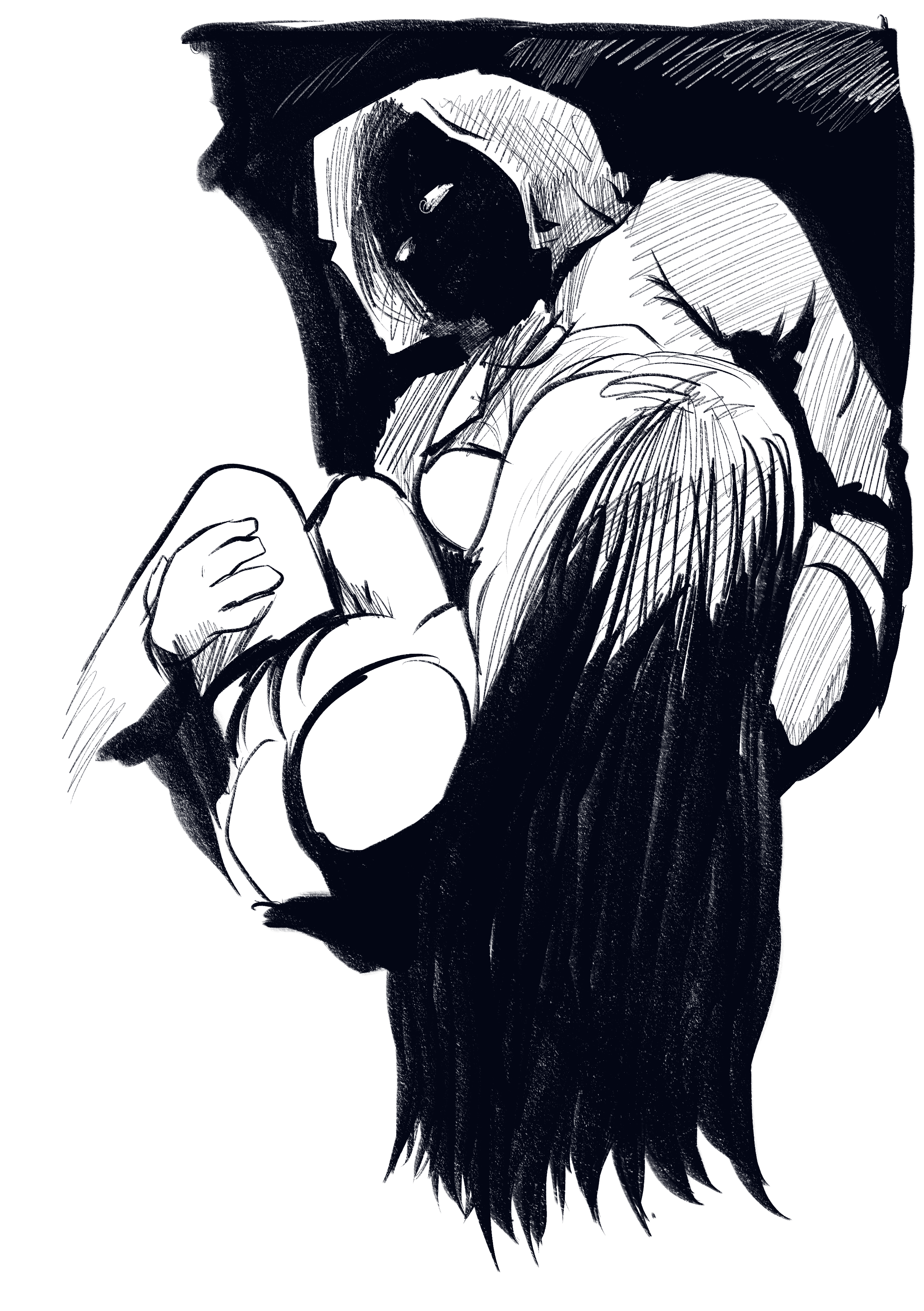 A rough piece that looks akin to charcoal, in a dark blue color. The back of False's head is in the foreground,
                looking up at Grimdog, of whom is staring down at her as he cradles her in his arms. He's framed in the background with heavy applications of color.