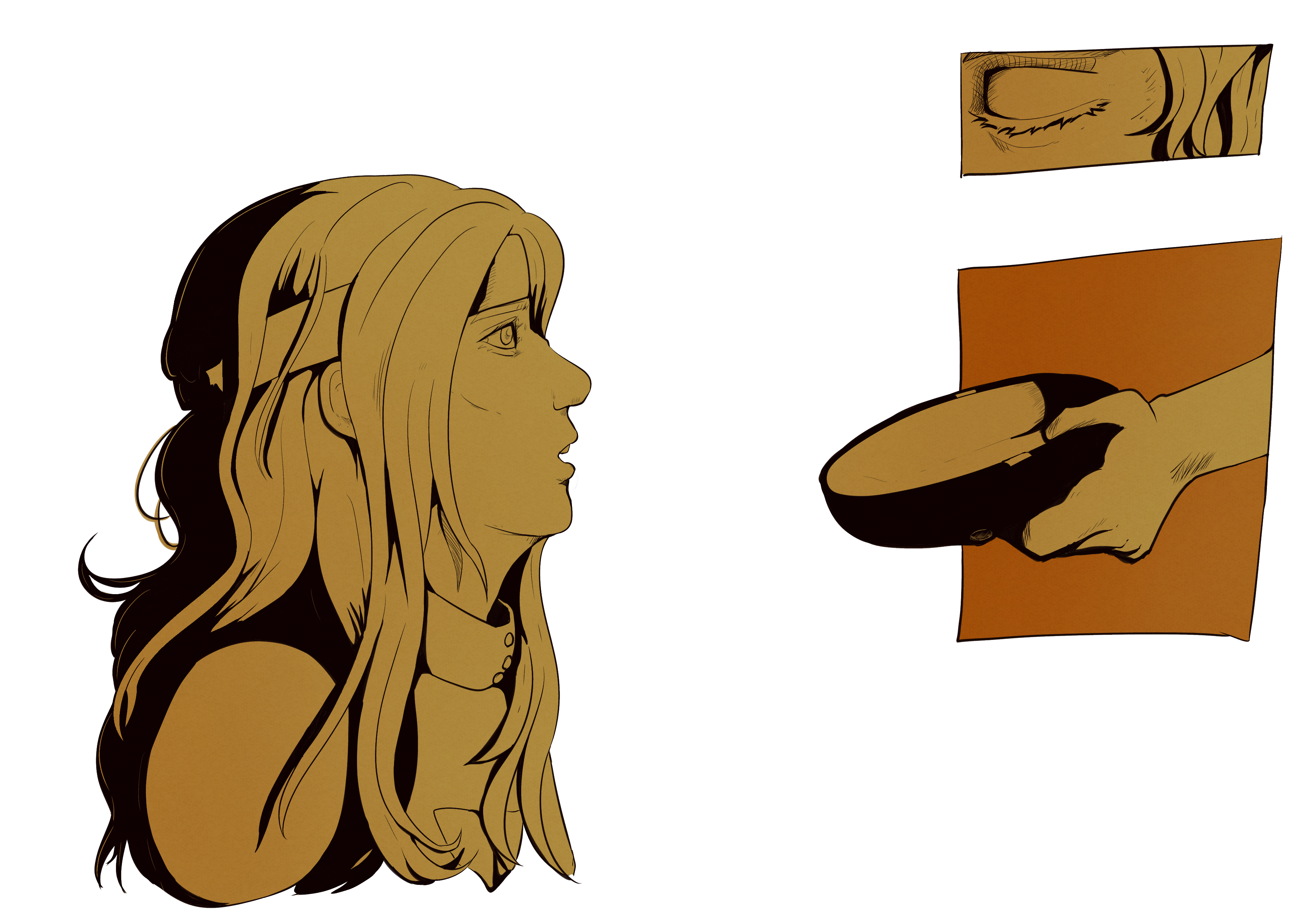 A piece comprised of three panels, with stark dark lineart, minimal hatching and cross hatching, and a limited color palette of orange and yellow. False is depicted in a side portrait on the left from bust above, with a shocked look on her face, lips parted. She's clad in her superhero costume. On the right is a framed panel of a close-up of a shut eye, with eyebags and wrinkles. This can be inferred to be Grimdog. On the panel below, he is holding his mask in his hand, with the background comprised of stark dark orange. Outside of these elements, the image is transparent.