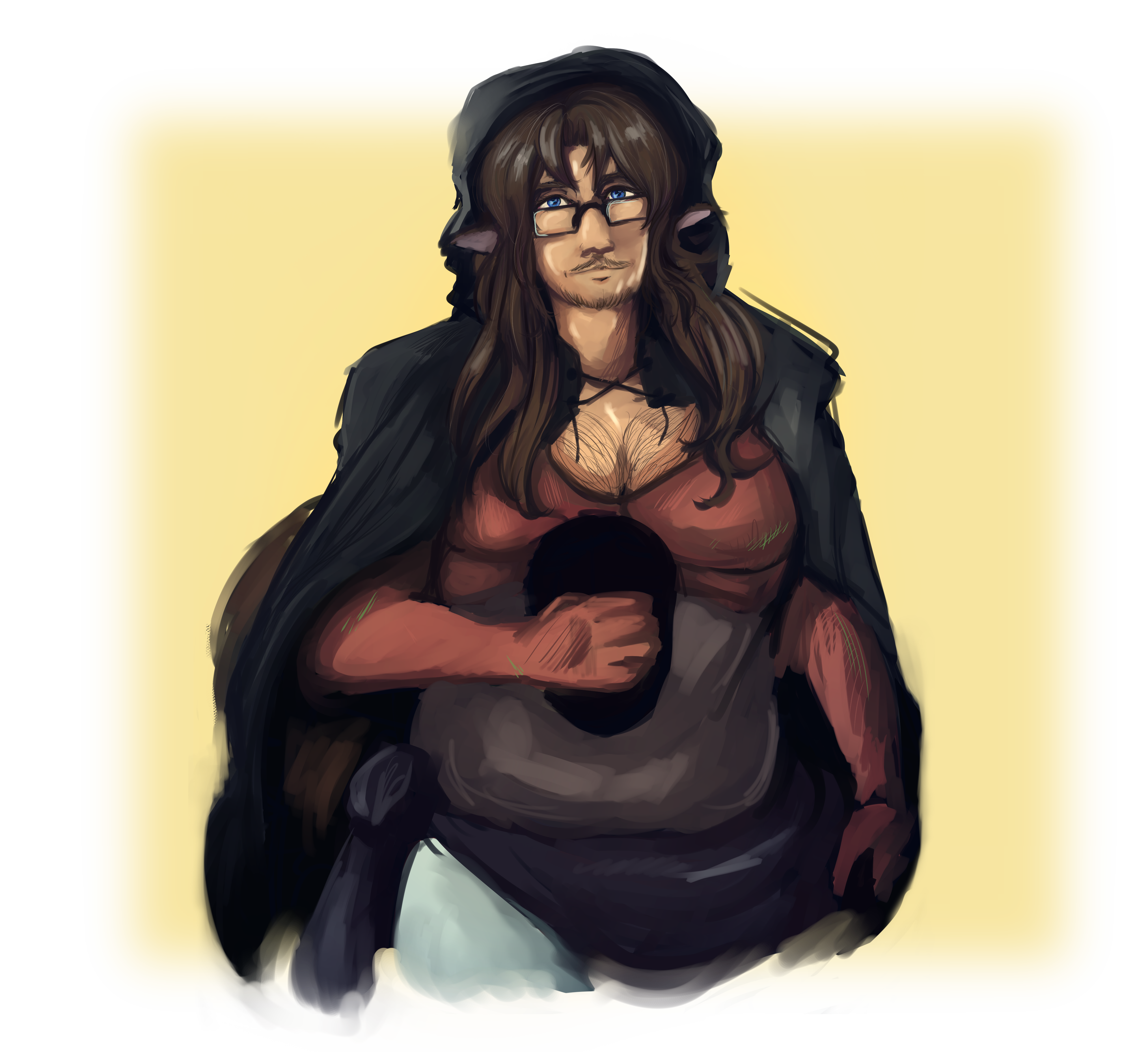 A digitally-rendered image artwork of Grimdog with his mask in his hand, revealing his face. He has on a hood, a red and grey bodysuit with a deep neckline, and a sash around his waist. He's smiling softly at the viewer. Behind him is a low-opacity square of yellow.