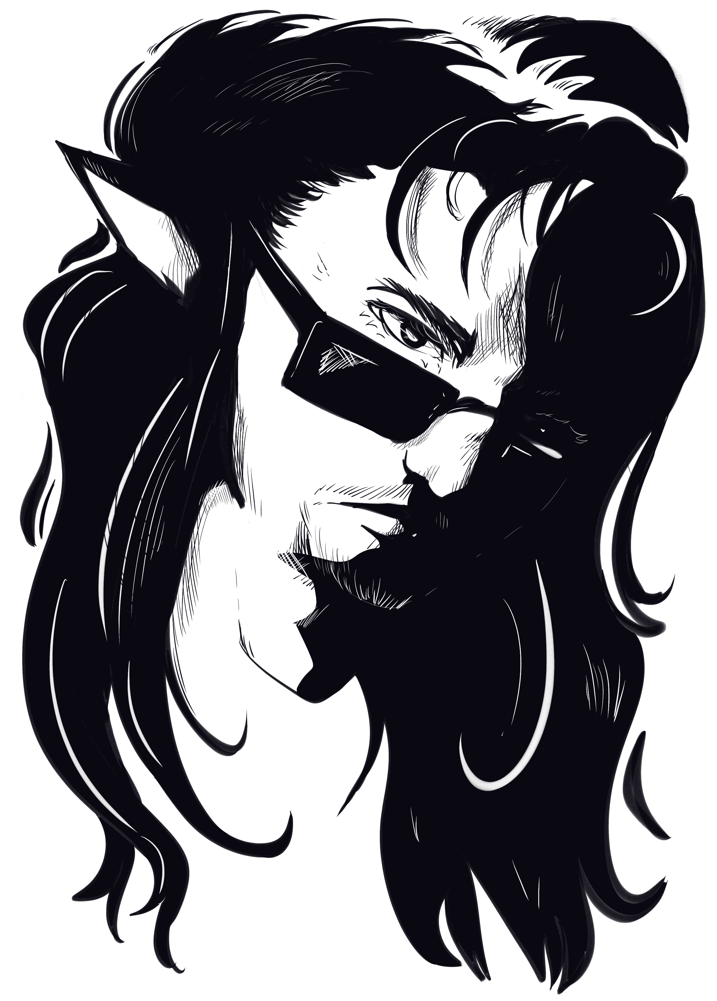 An ink-looking bust shot of Ren, glaring to the left, sunglasses down his nose. Hair falls down and curls around his face.