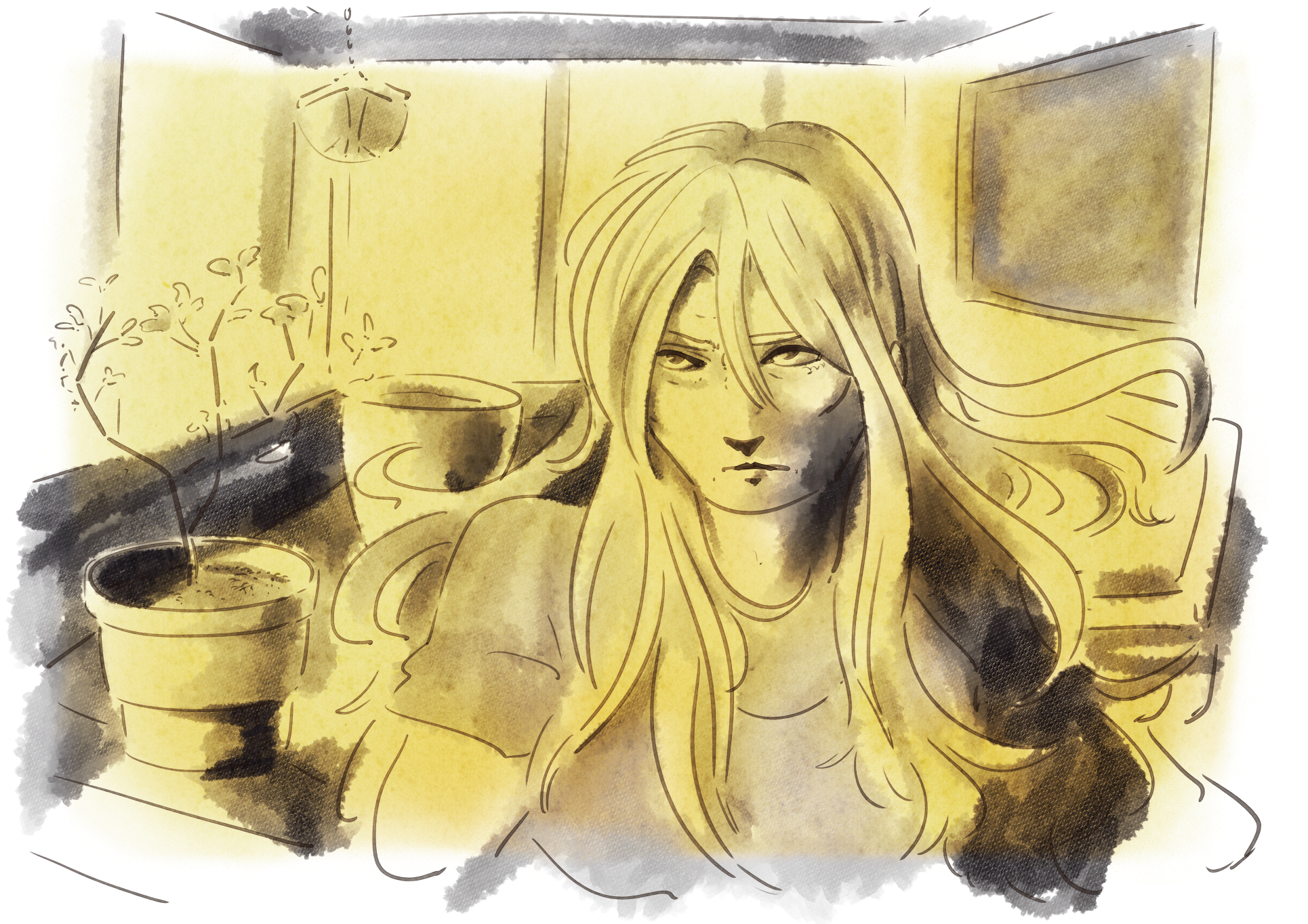 A digitally-rendered, textured illustration of False in a palette of yellow. She is staring up at the viewer, implied to be Ren, with a defiant expression on her face. Behind her is a jalapeño plant and a few other plants and background elements in the screened porch. She is wearing a t-shirt and has her hair down.