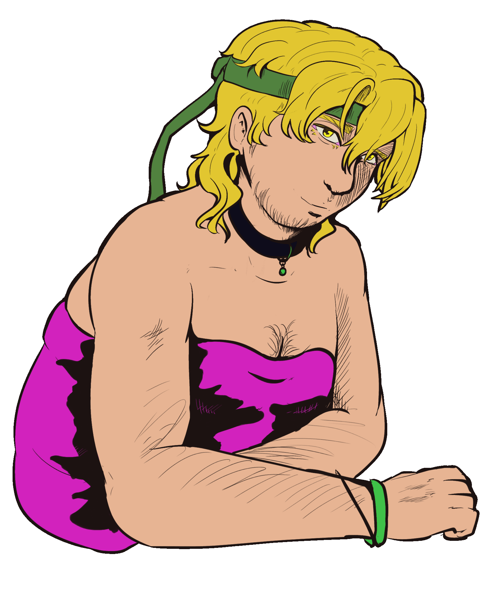 A flat-colored gif of Martyn. He is wearing a pink tube top, dark choker, green headband, and bracelet. His eyes change color from yellow to orange to red gradually. He is posed leaned forward, arms pressed on an invisible flat surface, as if he's at a table.