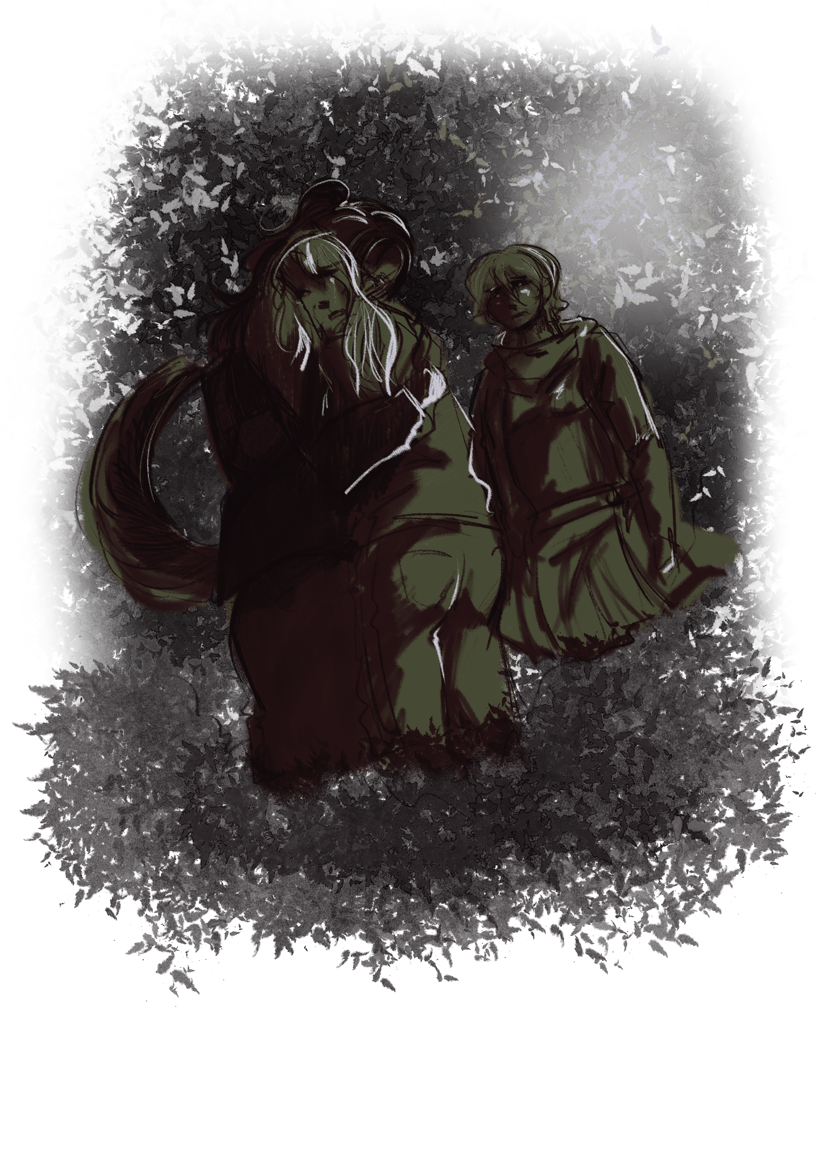 A digitally-rendered image of Ren, False, and Martyn, in harsh dark olive green and deep crimson, with highlights of white. Ren is hugging a crying False, nose buried in her hair, expression indiscernable. Martyn watches them, an expression crossed between agonized and saddened. The majority of the highlights congregate around False, but some hit Ren and Martyn, too. The background is patterned with leaves.