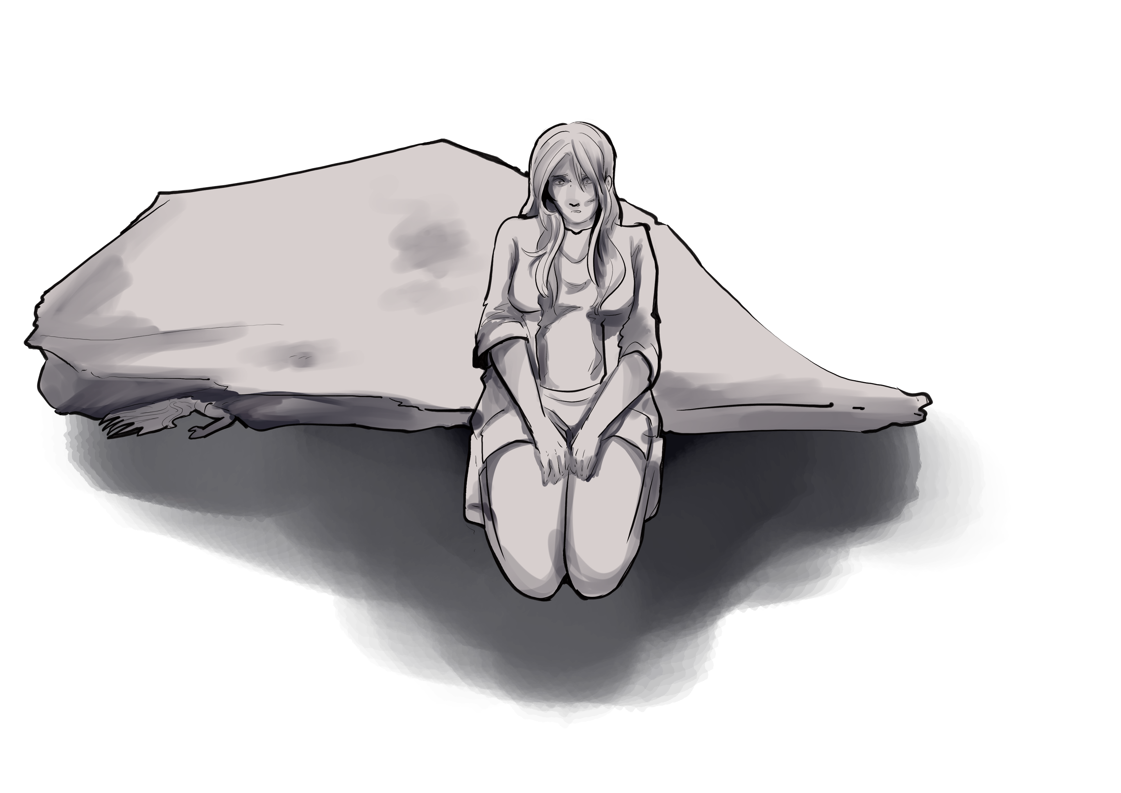 A digital illustration of False kneeling, shaded in white and dark blue. Behind her is a slab of concrete depicting herself being crushed.