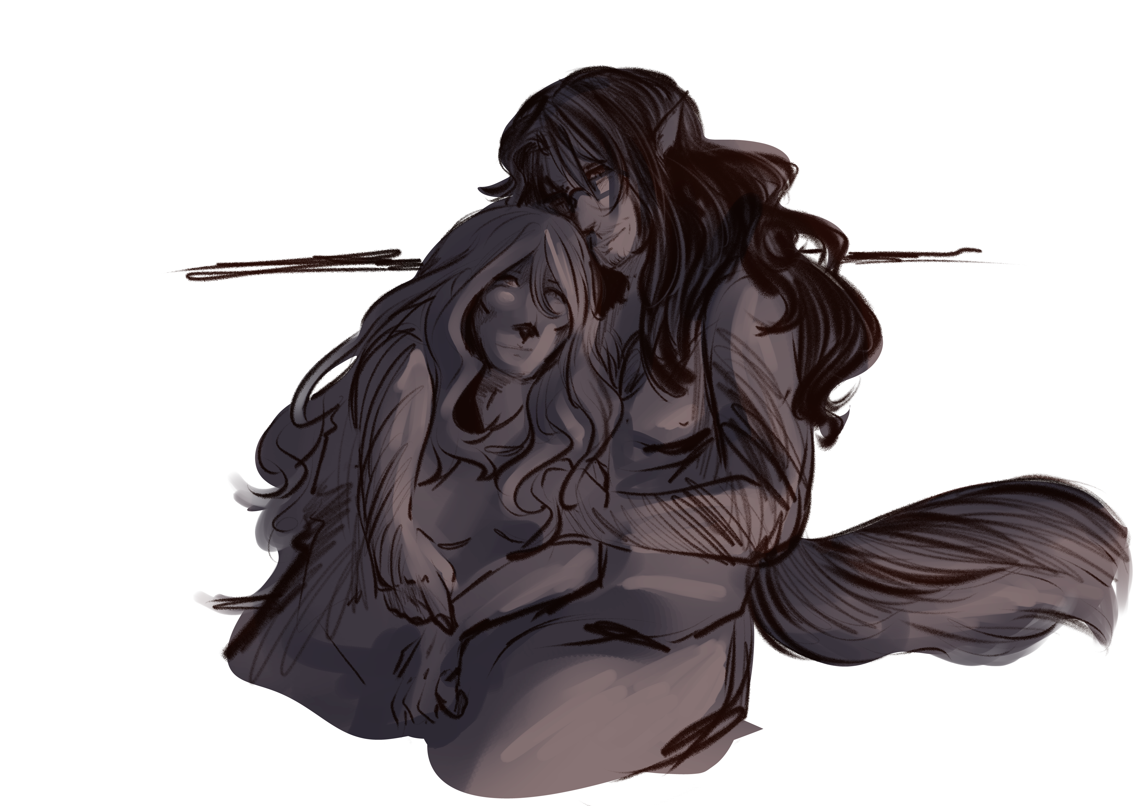 A digital illustration of False and Ren. Ren is holding False, only looking a little bit creepy and elated about it in the process, with an erect nipple. False is far more relaxed in his arms and is leaning into him. The lineart
                    style is rough and pencilled, and the rendering is smooth, from a dark blue to a orangish red.