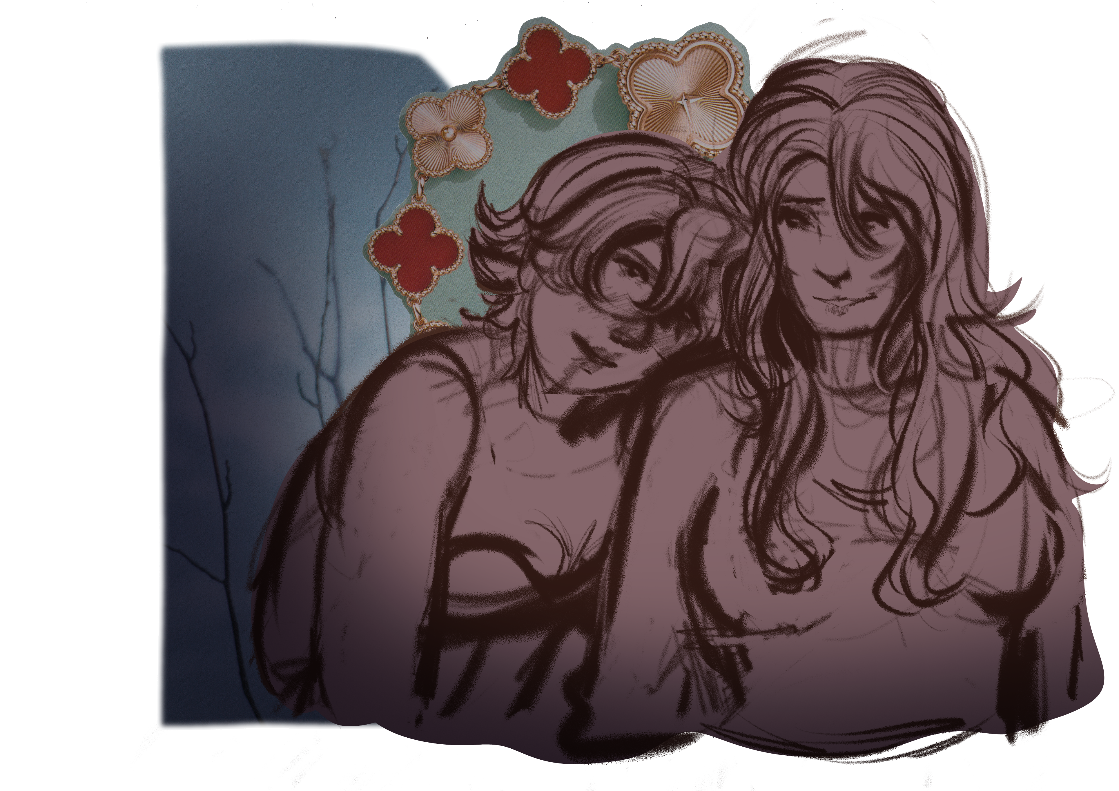 A digital illustration set against real collage elements. False and Martyn are depicted in a sketchy style, with flat colors and messy lineart of oranges and dark reds. In the background are images taken from a magazine of a dead tree branch and a fancy bracelet with chunky floral charms.