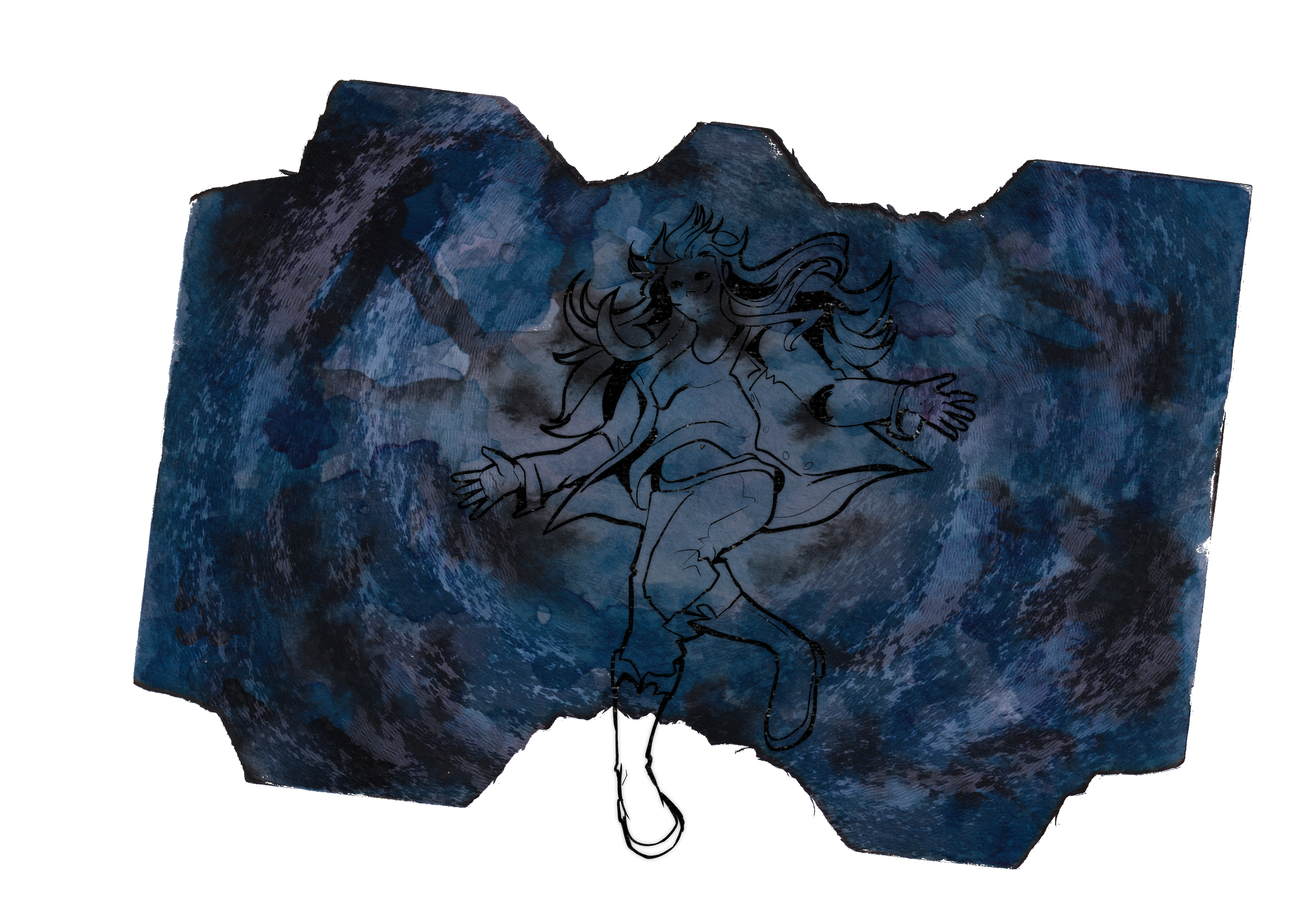 A traditional watercolor and digital illustration. False, depicted with digital lineart, is flying in amongst dark clouds.