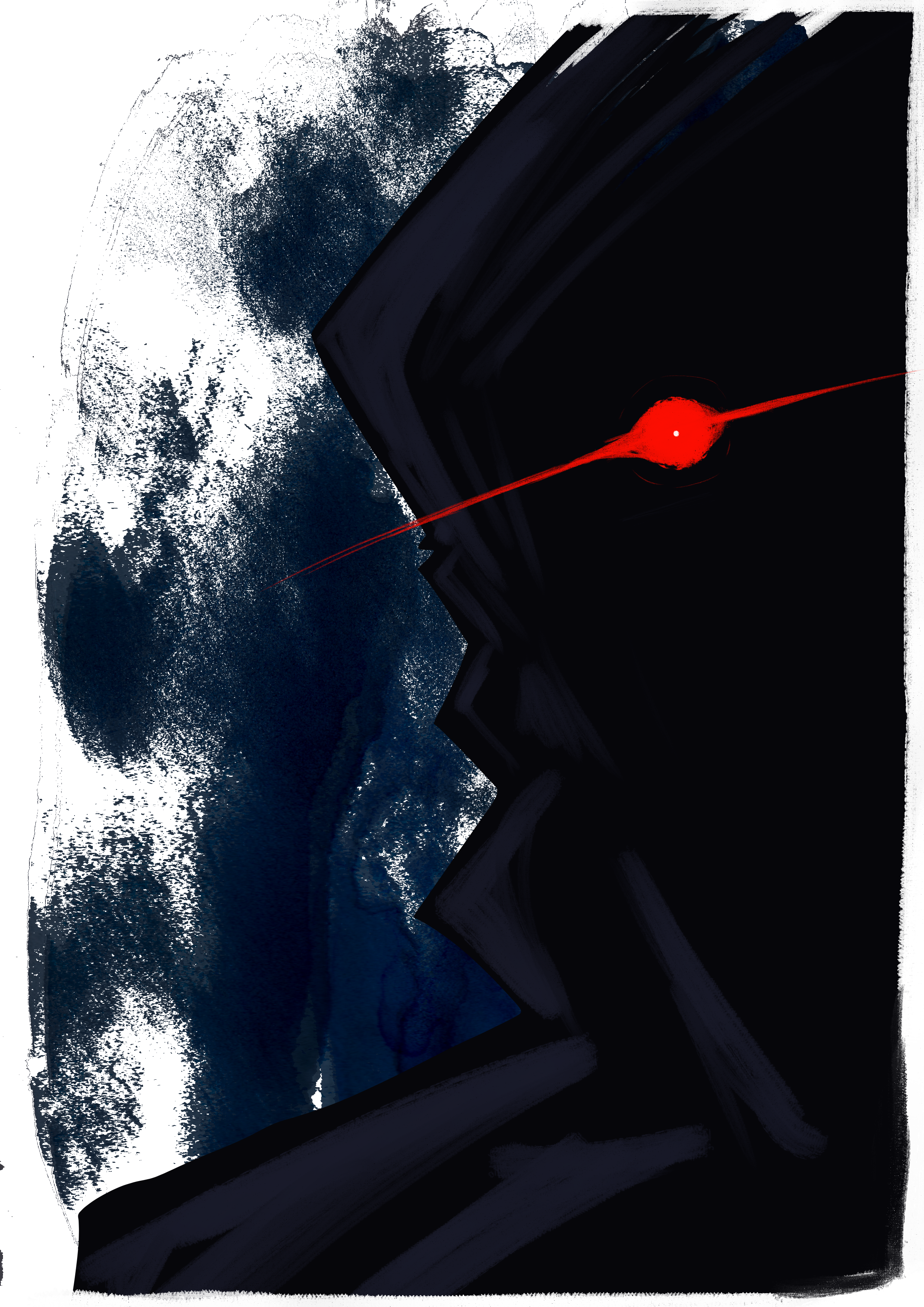 A dark image of Grimdog staring at the viewer. The only thing visible on his face is a red glow emenating from an eye. The background is dark blue watercolor.