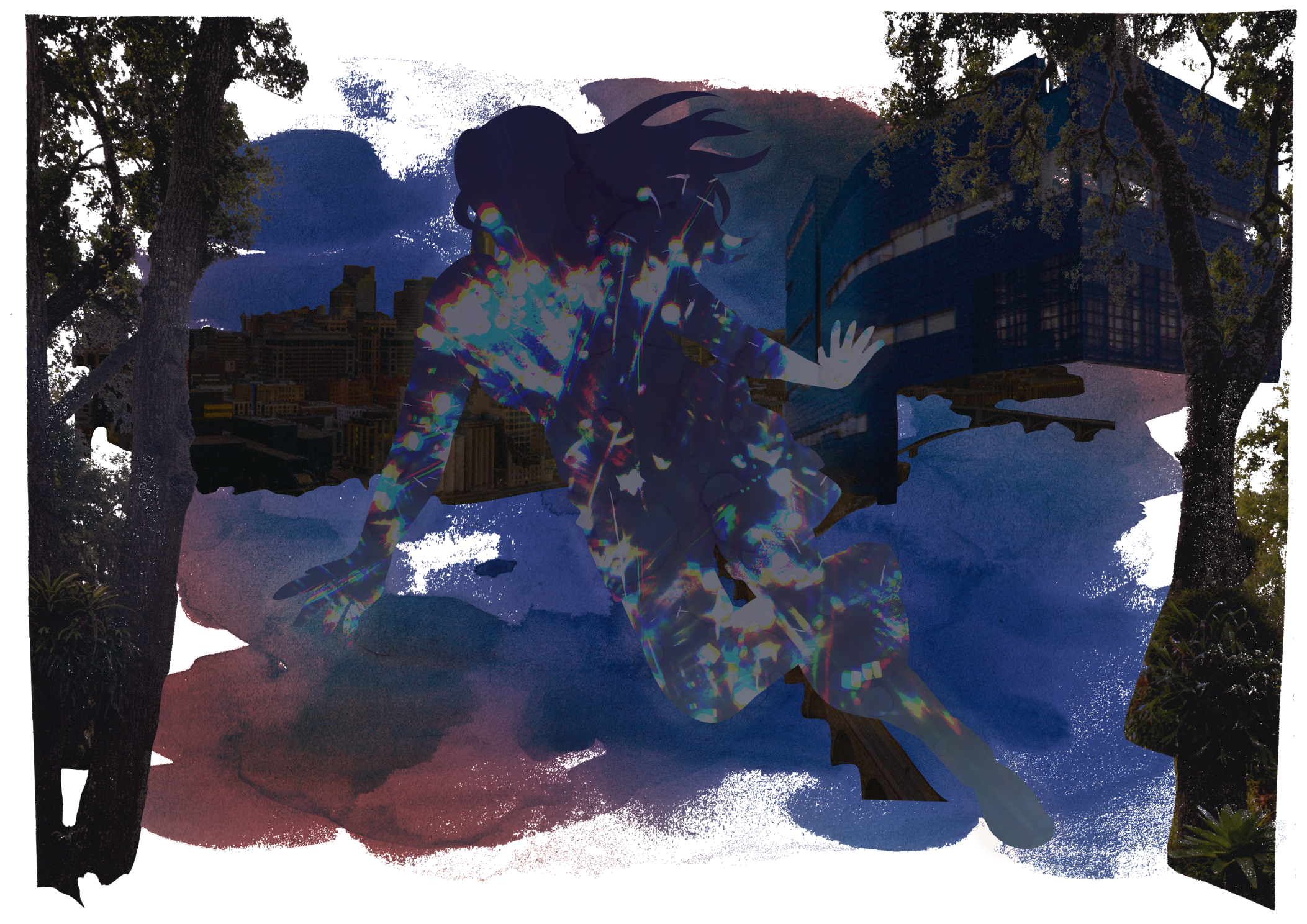 A digital, collage, and watercolor illustration. False is silhouetted with radiant textures against collaged trees and buildings and cityscapes. Behind that, the background is dark blue and red watercolor.