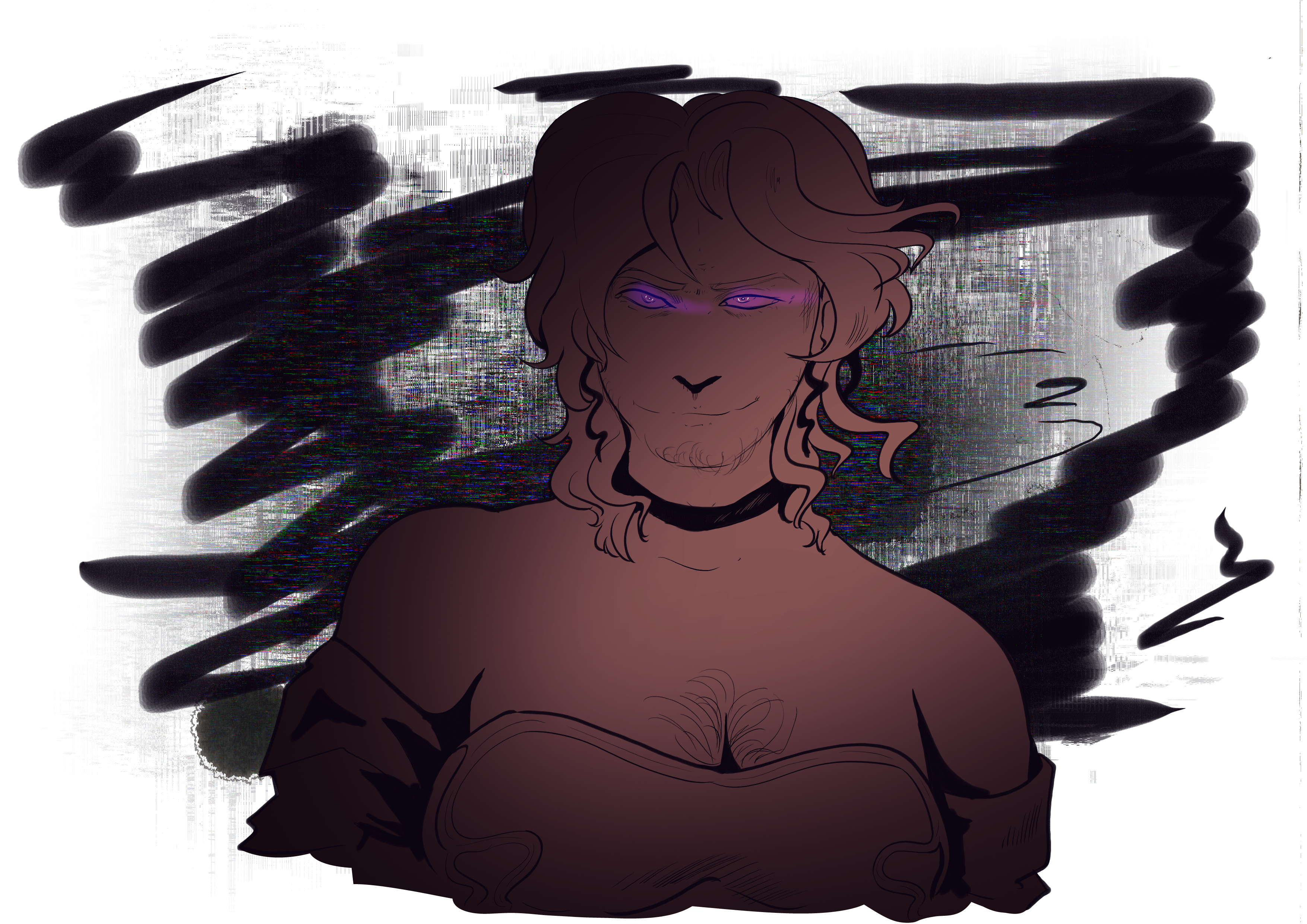 A dark illustration of the Magistrate from the tits up. He's colored a simple, flat red, with a vignette of dark purple around. His eyes glow a purple. Behind him are splotches of ink and dark lines, meant to resemble his powers, as well as some glitch particles.