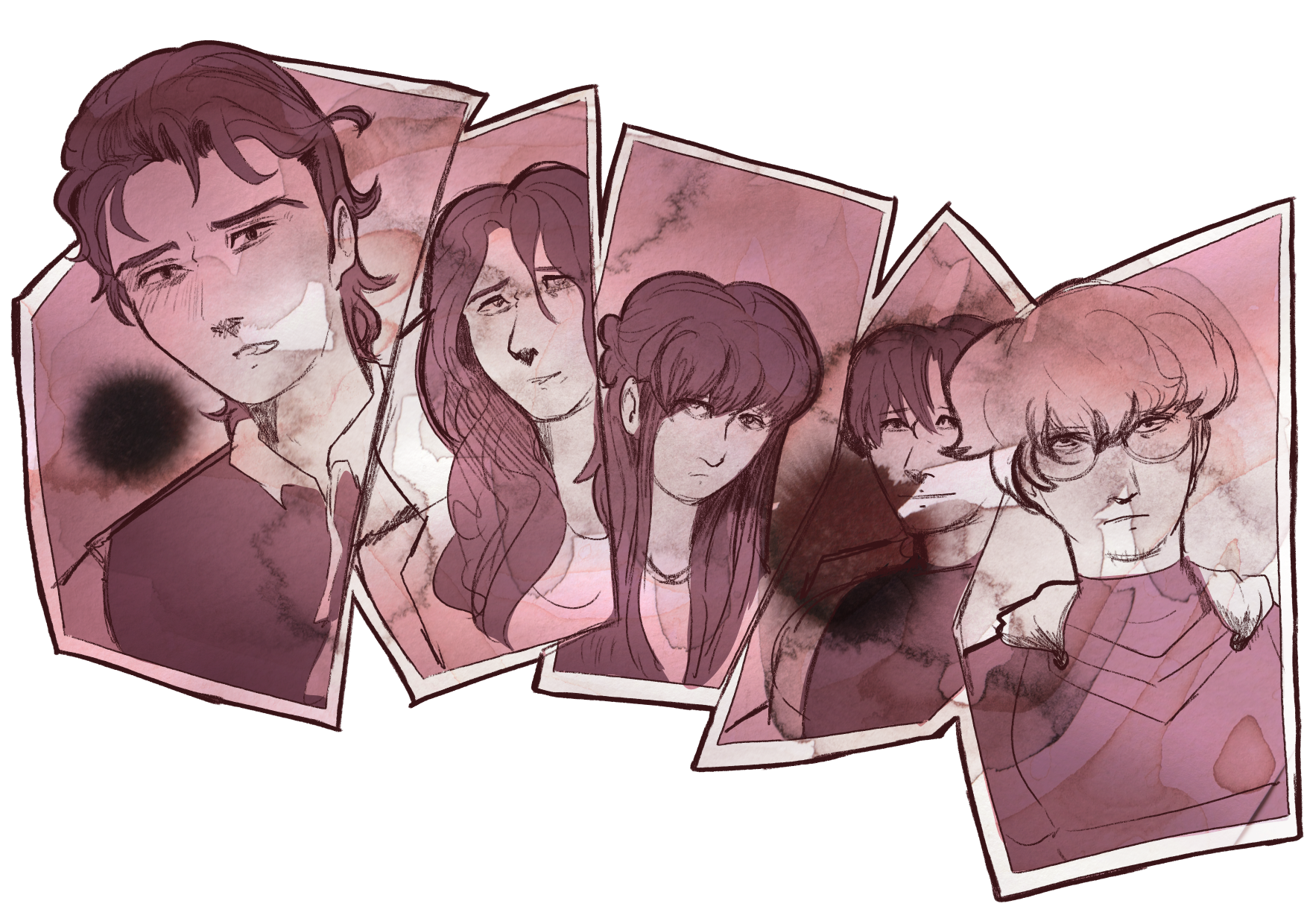 A lineup of the Moguls; from left to right: Skizz, with a forlorn expression, lips parted; Pearl, smiling gently; Gem, looking guilty; Scar, excited gleam to him; Grian, looking annoyed. Skizz and Grian take up the most room, and Grian's hair obfuscates part of Scar's face. The piece has a pencil-akin lineart stylized with watercolor, and is in shades of pink, purple, and red.