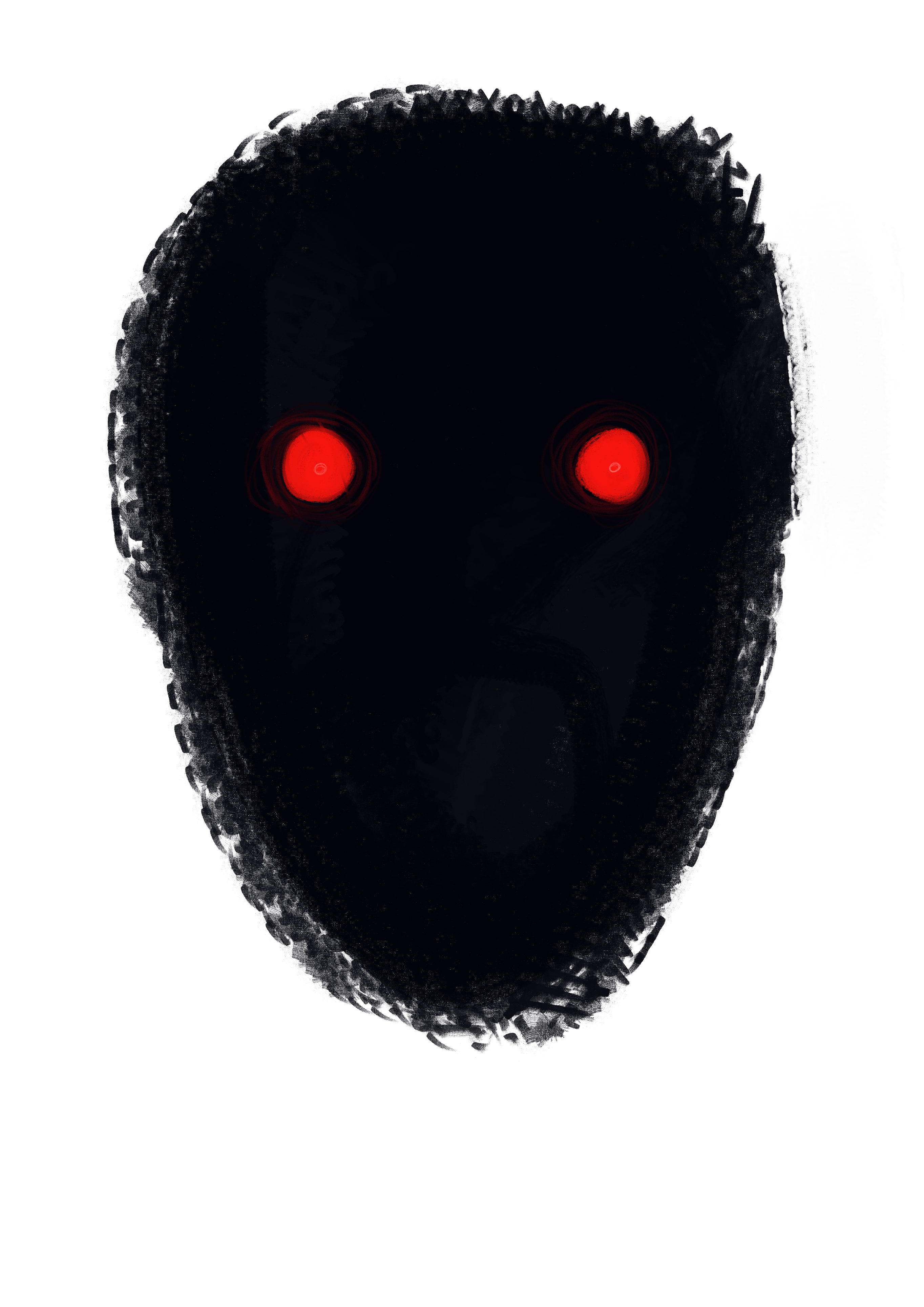 A digital illustration of a mask. The mask itself is completely dark, with two red circles emanating out appearing to be eyes.