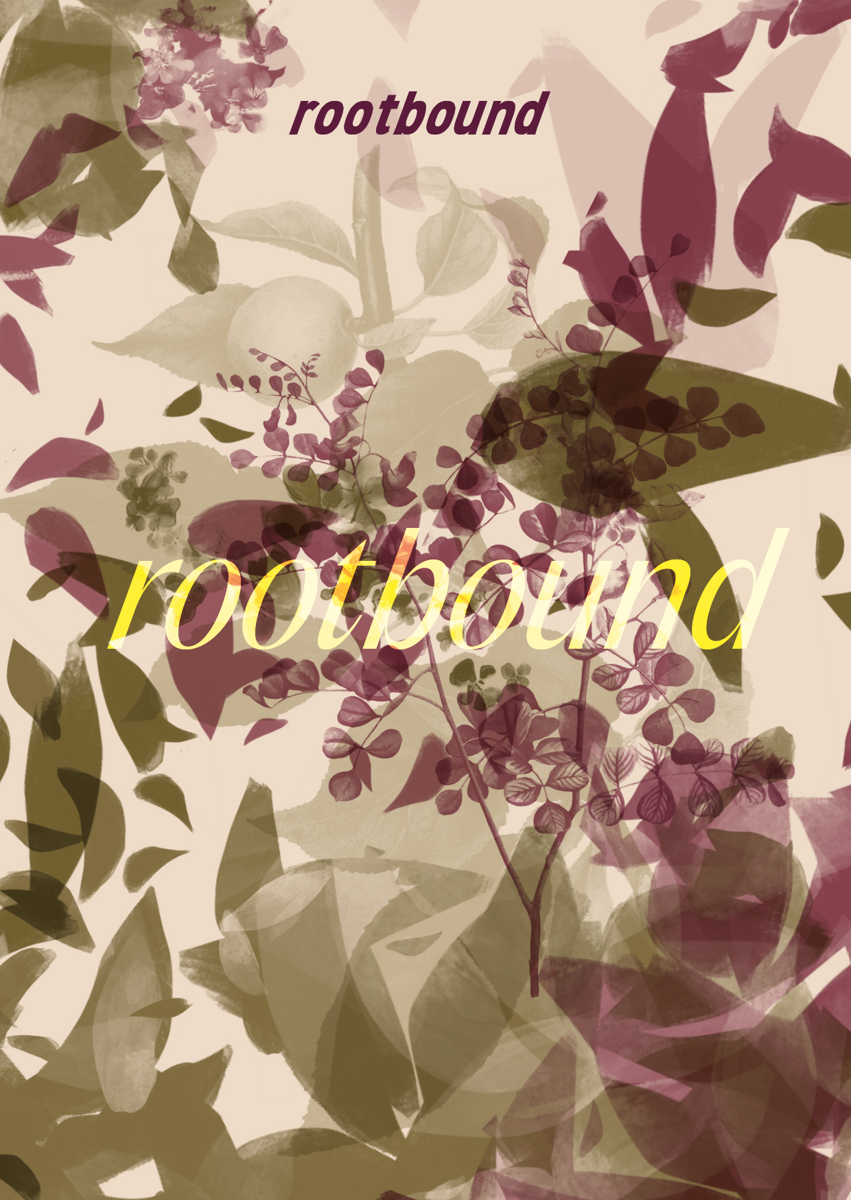 The front cover of the minizine, titled 'rootbound'. There are a number of graphics of floral themes in both a deep red purple color and a deep olive green on a yellow tinted background.